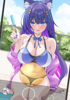 1girl animal_ear_fluff animal_ears ball beachball bikini blue_eyes blue_hair blue_ribbon blue_sky blush bow bowtie breasts cellphone_photo chain-link_fence cleavage cloud collarbone displayer fence food hair_ornament highres holding holding_food holding_popsicle hood hoodie large_breasts long_hair looking_at_viewer multicolored_hair o-ring o-ring_top open_clothes open_hoodie outdoors parted_lips pool poolside popsicle purple_hair purple_hoodie ribbon sky smile soaking_feet streaked_hair strelka_belca swimsuit two-tone_hair virtual_youtuber water yoshibana_kokoro