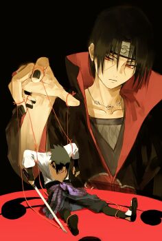 2boys black_hair black_nails brothers closed_mouth collarbone highres holding holding_sword holding_weapon jewelry male_focus multiple_boys naruto_(series) necklace puppet_strings red_eyes ringed_eyes sandals scar scar_on_face siblings sitting size_difference sword symbolism uchiha_itachi uchiha_sasuke user_tmsf7747 weapon