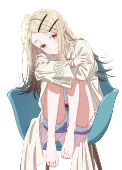 1girl ahoge barefoot blonde_hair blue_shorts brown_hair camisole chair colored_eyelashes crossed_arms dot_nose gakuen_idolmaster gradient_hair hair_ornament hairpin hashtag-only_commentary head_tilt highres hirayama_kanna idolmaster legs_apart light_smile long_hair long_sleeves looking_at_viewer midriff_peek multicolored_hair orange_eyes shinosawa_hiro shirt shorts simple_background sitting skinny solo straight_hair swept_bangs torn_clothes torn_shorts two-tone_hair white_background white_camisole white_shirt