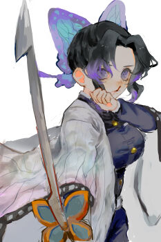 1girl absurdres belt black_hair blood blue_pants blue_shirt breasts butterfly_hair_ornament buttons clenched_hand closed_mouth demon_slayer_uniform gradient_hair hair_between_eyes hair_ornament hand_up haniwa_kue haori highres holding holding_sword holding_weapon japanese_clothes katana kimetsu_no_yaiba kochou_shinobu large_breasts long_sleeves looking_at_viewer multicolored_hair nosebleed open_clothes pants purple_eyes purple_hair shirt short_hair sidelocks simple_background solo sword two-tone_hair v-shaped_eyebrows weapon white_background white_belt white_haori wide_sleeves