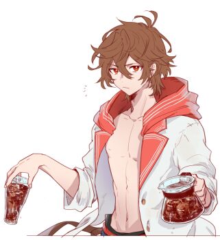 1boy ahoge belt bishounen brown_hair coffee coffee_pot cola commentary_request cup granblue_fantasy hair_between_eyes holding holding_coffee_pot holding_cup hood hood_down jacket light_frown male_focus masakane messy_hair multicolored_clothes navel open_clothes open_jacket red_eyes sandalphon_(granblue_fantasy) sandalphon_(summer)_(granblue_fantasy) short_hair sketch sleeves_rolled_up solo_focus upper_body white_background