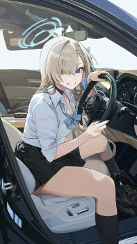 1girl absurdres asuna_(blue_archive) auguste bag blonde_hair blue_archive blue_eyes blue_halo blush bow bowtie breasts car cleavage commentary_request grin hair_over_one_eye halo highres large_breasts long_hair looking_at_viewer mazda mole mole_on_breast motor_vehicle ribbon school_bag smile solo thighs very_long_hair