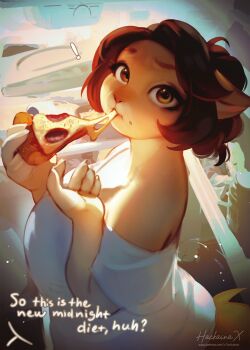 1girl animal_ears artist_name brown_eyes brown_hair cat_ears cat_girl cat_tail eating english_text food from_side furry furry_female hackainax highres holding holding_food holding_pizza looking_at_viewer original pizza pizza_slice shirt short_hair short_sleeves tail white_shirt