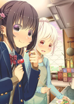 2girls :t aiuabo apron bento black_hair blazer blue_jacket blue_shirt blush bottle bow bowtie box cherry_blossoms chopsticks coffee_grinder commentary_request eating flower food frying_pan hair_bun hair_flower hair_ornament highres indoors jacket jar looking_at_viewer multiple_girls original plant polka_dot polka_dot_bow polka_dot_bowtie polka_dot_shirt potted_plant purple_eyes red_bow red_bowtie red_eyes revision school_uniform shirt sidelocks single_hair_bun skewer stove striped_bow striped_bowtie striped_clothes teapot vines white_hair window