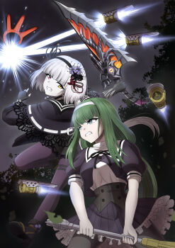 2girls absurdres aqua_eyes assault_lily bell black_capelet black_choker black_flower black_gloves black_hairband black_pantyhose black_ribbon black_sailor_collar black_serafuku black_skirt blunt_bangs bow_hairband breasts buttons capelet choker clenched_teeth commentary_request cropped_jacket duel fingerless_gloves flower footwear_bell gloves green_hair grey_hair hair_flower hair_ornament hairband hands_up hasebe_touka heterochromia highres holding holding_sword holding_weapon jewelry jika-tabi jingle_bell lace-trimmed_capelet lace_trim long_hair long_sleeves looking_at_another looking_to_the_side low_ponytail medium_breasts midair miniskirt mole mole_under_eye multiple_girls neck_ribbon necklace night outdoors outstretched_arm pantyhose parted_lips pendant pink_eyes pleated_skirt ponytail puffy_short_sleeves puffy_sleeves purple_flower purple_pantyhose red_flower ribbon sailor_collar school_uniform serafuku shirt short_sleeves sidelocks sideways_glance skirt sword teeth thigh_strap tree two-handed underbust v-shaped_eyebrows very_long_hair weapon white_hairband white_shirt yadoo yamaguchi_chihiro_(assault_lily) yellow_eyes yurigaoka_girls_academy_school_uniform