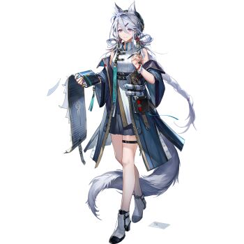 Rule 34 | 1girl, 3mo, animal ears, ankle boots, aqua hat, arknights, beret, black skirt, blue coat, boots, braid, cat ears, cat girl, cat tail, closed mouth, coat, full body, grey hair, grey tail, hair between eyes, hat, highres, holding, holding pen, light smile, long hair, looking at viewer, mole, mole under mouth, nib pen (object), official art, paper, pen, pleated skirt, purple eyes, shirt, simple background, skirt, sleeveless, sleeveless shirt, solo, standing, tachi-e, tail, thigh strap, third-party source, transparent background, very long hair, white boots, white shirt, xingzhu (arknights)