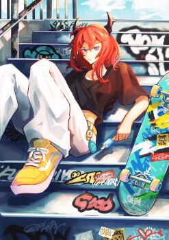 Rule 34 | 1girl, arknights, belt, black shirt, blue sky, closed mouth, commentary, food, frown, graffiti, hair between eyes, highres, holding, holding food, holding popsicle, horns, long hair, looking at viewer, midriff, outdoors, pants, peppsi (saba sabasuk0), popsicle, purple eyes, railing, reclining, red hair, shirt, shoes, sitting, sitting on stairs, skateboard, sky, solo, stairs, streetwear, surtr (arknights), white pants, yellow belt, yellow shoes