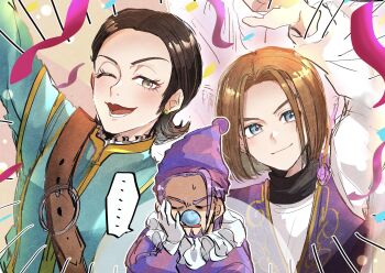 Rule 34 | ..., 3boys, androgynous, aqua jacket, beard, black hair, blue eyes, brown hair, closed mouth, clown, clown nose, commentary request, cosplay, dragon quest, dragon quest xi, earrings, facial hair, furrowed brow, gadabout (dq3), gadabout (dq3) (cosplay), gloves, gold trim, greig (dq11), grey eyes, hand on own face, hero (dq11), highres, jacket, jewelry, multiple boys, neck ruff, omi tontan, one eye closed, open mouth, parted bangs, purple hair, purple tunic, shirt, short hair, sideburns, smile, spoken ellipsis, striped clothes, striped hat, sweatdrop, sylvia (dq11), tunic, upper body, white gloves, white shirt