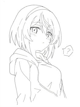 1girl ? amnesia_(majo_no_tabitabi) blush breasts closed_mouth cropped_torso greyscale hair_between_eyes hairband hood hood_down hooded_jacket jacket long_sleeves looking_at_viewer majo_no_tabitabi medium_breasts monochrome open_clothes open_jacket shiroirosky shirt short_hair simple_background solo spoken_question_mark upper_body white_background