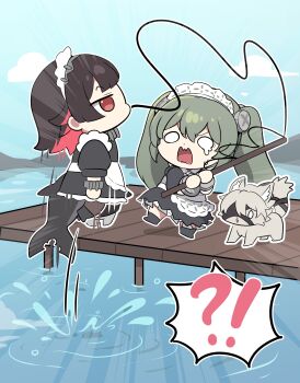 !? 2girls absurdres animalization apron bandana bangboo_(zenless_zone_zero) black_dress black_hair blue_sky chibi cloud colored_inner_hair corin_wickes day dock dog dress ellen_joe eous_(zenless_zone_zero) fins fish_tail fishing fishing_rod green_hair hair_between_eyes highres holding holding_fishing_rod long_hair maid maid_apron maid_headdress multicolored_hair multiple_girls ooyun orange_bandana outdoors pantyhose puffy_sleeves red_eyes red_hair screw_hair_ornament shark_girl shark_tail short_hair sky speech_bubble tail twintails two-tone_hair von_lycaon waist_apron water zenless_zone_zero