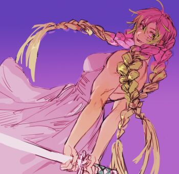 1girl alternate_costume arms_behind_back bare_arms bare_shoulders blue_background braid breasts cleavage closed_mouth dress gradient_background green_hair hair_between_eyes holding holding_behind_back holding_sword holding_weapon holding_weapon_behind_back jewelry kanroji_mitsuri katana kimetsu_no_yaiba large_breasts long_dress long_hair mole mole_under_each_eye mole_under_eye multicolored_hair multiple_braids multiple_moles muscular muscular_female necklace pink_dress pink_hair rumaeinine smile solo spaghetti_strap sword two-tone_hair weapon