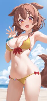 1girl :3 :d absurdres animal_ears beach bikini blue_sky braid breasts brown_eyes brown_hair brown_tail cleavage cloud commentary cumulonimbus_cloud day dog_ears dog_girl dog_tail double-parted_bangs english_commentary extra_ears fangs hair_between_eyes hand_up highres hololive inugami_korone long_hair looking_at_viewer low_twin_braids maverick_(mvk022) medium_breasts navel open_mouth outdoors scrunchie sky smile solo standing swimsuit tail teeth twin_braids upper_teeth_only virtual_youtuber waving wrist_scrunchie yellow_bikini