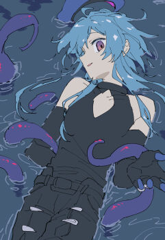 1boy absurdres arknights bare_shoulders beret black_gloves black_pants black_shirt blue_hair blue_hat commentary_request empty_eyes gloves hat highres hiwomus long_hair looking_at_viewer lying_on_water male_focus mizuki_(arknights) pants shirt sleeveless sleeveless_shirt smile solo tentacles trap unworn_headwear water