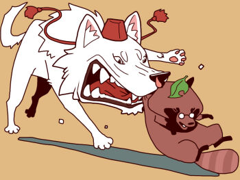 animal_focus brown_background commentary_request futatsuiwa_mamizou futatsuiwa_mamizou_(tanuki) glasses hat inubashiri_momiji inubashiri_momiji_(wolf) leaf leaf_on_head no_humans onikobe_rin pince-nez red_hat simple_background tanuki tokin_hat touhou wolf