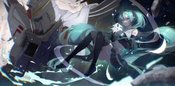 1girl aqua_eyes aqua_hair arm_tattoo aura black_thighhighs closed_eyes crossover detached_sleeves f91_gundam flower green_eyes gundam gundam_f91 hatsune_miku highres holding holding_flower humanoid_robot long_hair mobile_suit mochi194745 moon robot shirt sleeveless sleeveless_shirt space sparkle tattoo thighhighs twintails v-fin vocaloid white_flower