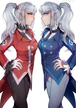 Rule 34 | 2girls, artist request, black necktie, black pants, black shirt, blue coat, blue eyes, blue lips, blue pants, blunt bangs, breasts, buttons, coat, cowboy shot, cube hair ornament, double-breasted, dual persona, frilled shirt collar, frills, frown, gloves, hair ornament, hand on own hip, highres, lipstick, long hair, long sleeves, looking at viewer, makeup, multiple girls, necktie, non-web source, pants, pantyhose, pink eyes, red coat, rkn-chan, roskomnadzor, shirt, sidelocks, simple background, small breasts, smile, standing, white background, white gloves, white hair, white necktie, white shirt