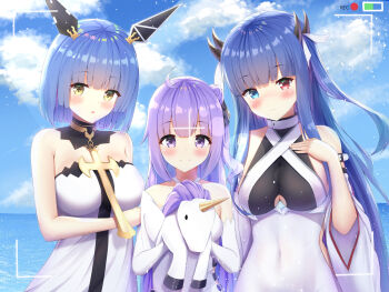 +_+ 3girls azur_lane bare_shoulders blue_eyes blue_hair blue_sky breasts clothing_cutout cloud cloudy_sky collarbone commentary_request cross cross_necklace day detached_sleeves dress firin gascogne_(azur_lane) headgear heterochromia highres holding holding_stuffed_toy horns ibuki_(azur_lane) jewelry long_hair looking_at_viewer mechanical_ears medium_breasts multiple_girls multiple_horns necklace outdoors purple_eyes purple_hair range_finder recording red_eyes short_hair sky sleeveless sleeveless_dress strapless strapless_dress stuffed_toy underboob underboob_cutout unicorn unicorn_(azur_lane) very_long_hair white_dress yellow_eyes