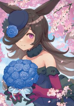 Rule 34 | 1girl, amamoru 21, animal ears, bare shoulders, blue dress, blue flower, blue hat, blue rose, bouquet, breasts, brown hair, collarbone, commentary request, dress, flipped hair, flower, fur choker, hair over one eye, hat, hat flower, highres, holding, holding bouquet, horse ears, horse girl, horse tail, long hair, long sleeves, looking at viewer, off-shoulder dress, off shoulder, outdoors, purple eyes, rice shower (rosy dreams) (umamusume), rice shower (umamusume), rose, small breasts, solo, tail, tilted headwear, umamusume
