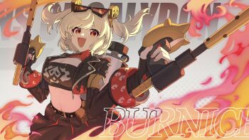 Rule 34 | 1girl, :d, black jacket, black skirt, black tube top, blonde hair, breasts, burnice white, character name, cleavage, crop top, eyewear on head, fingerless gloves, flamethrower, gloves, grey background, highres, holding, holding flamethrower, holding weapon, jacket, large breasts, laska (572124034), looking to the side, missing commentary, open mouth, pleated skirt, red-tinted eyewear, red eyes, skirt, smile, solo, spiked belt, spiked jacket, strapless, teeth, tinted eyewear, tube top, two side up, upper teeth only, weapon, zenless zone zero