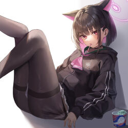 Rule 34 | 1girl, animal ears, black choker, black hair, black jacket, black pantyhose, blue archive, cat ears, choker, clothes pull, food, halo, highres, hood, hooded jacket, ice cream, jacket, kazusa (blue archive), lkeris, long sleeves, looking at viewer, mouth hold, multicolored hair, pantyhose, pantyhose pull, parted lips, pink eyes, pink hair, short hair, simple background, solo, thighband pantyhose, two-tone hair, utensil in mouth
