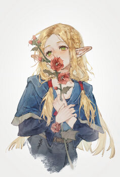 1girl absurdres arknights belt blonde_hair blue_tunic blush braid dungeon_meshi elf flower flower_over_mouth green_eyes highres holding holding_flower huaique long_hair looking_at_viewer marcille_donato parted_lips pointy_ears red_flower red_straps rose simple_background solo tunic twin_braids upper_body white_background