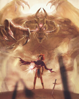 1boy atem cape duel_monster field_of_blades glowing horns looking_at_viewer millennium_puzzle monster planted planted_sword planted_weapon sepia sharp_teeth spiked_hair sword tan teeth tunic weapon yu-gi-oh! yu-gi-oh!_duel_monsters yuza zorc_necrophades