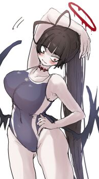 1girl arm_up black_hair blood blood_halo blue_archive blue_one-piece_swimsuit breasts gluteal_fold halo komena_(shinyday312) large_breasts liquid_halo long_hair one-piece_swimsuit pale_skin red_eyes school_swimsuit solo swimsuit tsurugi_(blue_archive) very_long_hair