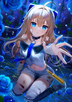 1girl absurdres ahoge aoe_ui bandaged_arm bandaged_leg bandages black_choker blue_bow blue_eyes blue_flower blue_rose blush bow brown_hair choker commentary_request crop_top cropped_shirt flower full_body hair_between_eyes hair_bow highres long_hair looking_at_viewer midriff navel original outstretched_arm parted_lips reaching reaching_towards_viewer rose scar scar_on_leg seiza shirt short_sleeves sitting solo white_shirt