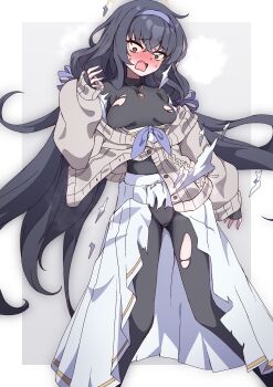 @_@ absurdres arm_up asymmetrical_sidelocks black_hair black_pantyhose black_sweater blue_archive blush breasts breath brown_halo buttons cardigan cardigan_around_waist clothes_around_waist crossed_bangs crotch feet_out_of_frame gold_necklace grey_background hair_over_shoulder hair_ribbon halo highres jewelry layered_sleeves long_hair medium_breasts neckerchief necklace nose_blush panties panties_under_pantyhose pantyhose purple_neckerchief ribbon shirt sidelocks skirt sleeves_past_wrists surprised sweatdrop sweater thighs to_(tototo_tk) torn_clothes torn_pantyhose torn_shirt torn_skirt torn_sweater turtleneck turtleneck_sweater two-tone_background ui_(blue_archive) underwear very_long_hair wavy_hair wavy_mouth white_background white_skirt wide-eyed