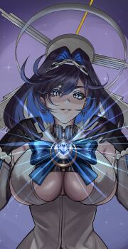 1girl absurdres black_gloves black_hair blue_eyes blue_hair bow bow_earrings breasts button_gap chain chain_headband cleavage_cutout clothing_cutout commentary earrings eyelashes gloves glowing hair_between_eyes hair_intakes heart-shaped_gem highres hololive hololive_english huge_breasts jewelry looking_at_viewer multicolored_hair ouro_kronii ouro_kronii_(1st_costume) ribbon_earrings sacrokies shirt short_hair smile solo underboob underboob_cutout upper_body virtual_youtuber