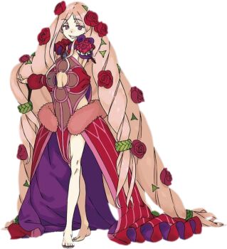 1girl absurdly_long_hair aged_down anna_sprengel bare_legs barefoot big_hair black_leotard breasts cleavage closed_mouth clothing_cutout crossed_legs dress dress_flower flower frills full_body haimura_kiyotaka hair_flower hair_ornament leotard long_hair looking_at_viewer multicolored_leotard nail_polish navel navel_cutout non-web_source novel_illustration official_art oversized_clothes pink_eyes pink_hair purple_dress purple_eyes red_flower red_leotard red_nails red_rose rose rosenkreutz simple_background smile solo standing toaru_majutsu_no_index toaru_majutsu_no_index:_new_testament toenail_polish toenails transparent_background very_long_hair waist_cape