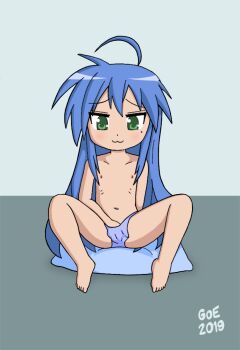 1girl 2019 barefoot blue_hair good_or_evil izumi_konata loli lucky_star nipples nude solo