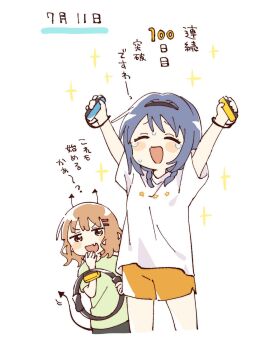 2girls :d ^_^ arms_up black_hairband blue_hair blush_stickers brown_hair closed_eyes controller cropped_legs demon_tail fang furutani_himawari game_controller green_shirt hair_ornament hairband hairclip hand_up hashtag-only_commentary highres holding holding_controller holding_game_controller joy-con multiple_girls namori oomuro_sakurako open_mouth orange_shorts parallel_hairclips ring-con ring_fit_adventure shirt short_hair short_sleeves shorts simple_background smile sparkle sweat t-shirt tail tears translation_request white_background white_shirt yuruyuri