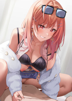 1boy 1girl ahoge arou_(arrow_x666) bare_shoulders belt black_bra blue-tinted_eyewear blush bra bra_lift bra_strap breasts clothed_female_nude_male clothes_lift commentary cowgirl_position earrings eyewear_on_head girl_on_top gold_earrings grin hair_ornament hairclip hetero highres hololive hololive_dev_is hoop_earrings ichijou_ririka ichijou_ririka_(1st_costume) jewelry large_breasts nipple_stimulation nipples nude open_clothes open_shirt orange_hair pink_shirt purple_skirt red_eyes sex shirt skirt skirt_lift sleeveless sleeveless_shirt smile straddling strap_slip thighs tinted_eyewear underwear virtual_youtuber white_belt