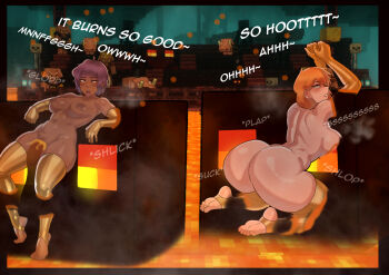 2girls ahegao ahoge alex_(minecraft) arched_back arms_up ass ass_freckles audience barefoot bestiality blush body_freckles breasts clenched_hands dark-skinned_female dark_skin earrings efe_(minecraft) elbow_gloves english_text female_focus freckles freckles_on_breasts from_behind game_screenshot_background gloves gold_gloves gold_thighhighs green_eyes grimace highres hoglin jewelry johnv long_hair magma_cube minecraft mole mole_on_breast monster_sex multiple_girls navel nipples nude open_mouth orange_hair penis piglin purple_hair rape red_eyes rolling_eyes screenshot_background short_hair slime_(creature) sound_effects tongue tongue_out vaginal wither_skeleton_(minecraft)
