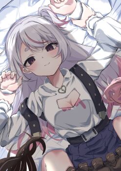 Rule 34 | 2girls, blush, breasts, cleavage, closed mouth, colored tips, commentary request, highres, long hair, long sleeves, lying, multicolored hair, multiple girls, on back, pink hair, purple hair, saria art, shirt, skirt, tachibana hinano, thick eyebrows, tosaki mimi, two-tone hair, virtual youtuber, vspo!, white shirt