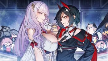 6+girls angry animal animal_on_head asymmetrical_docking azur_lane bare_shoulders behalter bellona_(azur_lane) bird bird_on_head black_hair breast_press breasts cleavage hair_between_eyes hair_ornament highres horns large_breasts looking_at_another manjuu_(azur_lane) medium_breasts multicolored_hair multiple_girls on_head owl perseus_(azur_lane) plymouth_(azur_lane) prinz_rupprecht_(azur_lane) purple_eyes purple_hair red_horns roon_(azur_lane) short_hair smile ulrich_von_hutten_(azur_lane) yellow_eyes