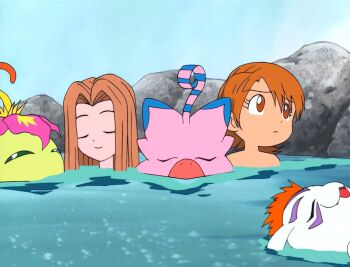 closed_eyes digimon digimon_(creature) digimon_adventure gomamon onsen orange_eyes orange_hair palmon piyomon screencap smile tachikawa_mimi takenouchi_sora water