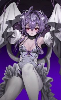1girl breasts collarbone goddess_of_victory:_nikke highres jellyfish_girl leotard liberalio_(nikke) long_sleeves pantyhose pplmo1009 purple_background purple_hair red_eyes sleeves_past_fingers sleeves_past_wrists solo white_leotard white_pantyhose