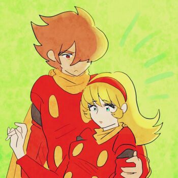 Rule 34 | 1girl, blonde hair, brown hair, coat, couple, cyborg, cyborg 009, francoise arnoul, green eyes, hair over face, hair over one eye, hairband, highres, holding another's arm, long eyelashes, long hair, pink lips, red coat, red hairband, sariokisu, scarf, shimamura joe, spiked hair, yellow scarf