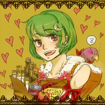 Rule 34 | 1girl, akari-tkn, apple, bag, bird, blush, brown eyes, commentary request, crescent, crescent hair ornament, food, fruit, fur-trimmed shirt, fur trim, green hair, hair ornament, hawk, heart, holding, holding bag, looking at viewer, lowres, open mouth, ragnarok online, shirt, short hair, smile, sniper (ragnarok online), solo, upper body, yellow background