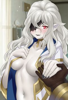 1boy 1girl black_nails breasts commission embla_(fire_emblem) fire_emblem fire_emblem_heroes hetero highres holding_hands kiran_(fire_emblem) lace-trimmed_eyepatch male_kiran_(fire_emblem) medium_breasts midriff nail_polish navel nintendo pointy_ears pov red_eyes redkite333 slit_pupils solo_focus vampire white_hair
