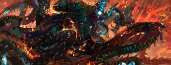 Rule 34 | absurdres, animal focus, blue eyes, fire, from side, highres, monster, monster hunter (series), monster hunter wilds, no humans, nslacka, nu udra, solo, spikes, tentacles