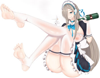 1girl asuna_(blue_archive) barefoot blue_archive blue_eyes bottle breasts cigarette feet hair_over_one_eye highres large_breasts long_hair looking_at_viewer maid_headdress nipples no_panties parted_lips pussy see-through_clothes see-through_shirt shirt soles stirrup_legwear thighhighs toeless_legwear toes white_background white_thighhighs xuancai_xiao_chou_zhu
