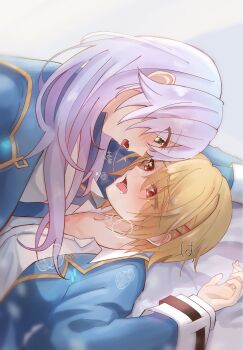 2girls after_kiss aoi11_luyu blonde_hair blue_jacket commentary_request green_eyes heaven_burns_red highres izumi_yuki_(heaven_burns_red) jacket kayamori_ruka long_hair multiple_girls open_mouth purple_hair red_eyes saliva saliva_trail school_uniform shirt short_hair tongue tongue_out white_shirt yuri