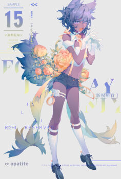 1boy :d absurdres animal_ear_fluff animal_ears bare_shoulders black_shorts dark-skinned_male dark_skin english_text flower full_body gloves grey_background hair_between_eyes hands_up highres kneehighs liulianjingrua looking_at_viewer male_focus midriff navel open_mouth orange_flower original purple_eyes purple_hair shirt shoes short_hair short_shorts shorts simple_background smile socks solo suspender_shorts suspenders tail watermark white_gloves white_socks wolf_boy wolf_ears wolf_tail yellow_flower