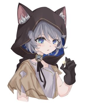 1girl ame_pokke animal_ear_fluff animal_ears blue_eyes bruise bruise_on_face cape cat_ears cat_girl child cipher_(honkai:_star_rail) cipher_(in_pursuit_of_the_wind)_(honkai:_star_rail) cloak coin commentary gloves grey_hair highres holding holding_coin honkai:_star_rail honkai_(series) injury short_hair torn_cape torn_clothes white_background