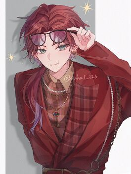 Rule 34 | 1boy, adjusting eyewear, alternate costume, animal ears, arm up, bead necklace, beads, chain, chain necklace, closed mouth, glasses, green eyes, hashtag-only commentary, highres, jacket, jewelry, key, key necklace, lapels, lauren iroas, long hair, long sleeves, looking at viewer, male focus, necklace, nijisanji, parted bangs, ponytail, red hair, red jacket, ruka1 126, side ponytail, smile, solo, upper body, virtual youtuber