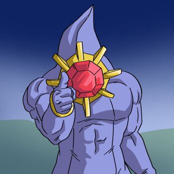 a3rudbzeno colored_skin gem gen_1_pokemon highres mega_pokemon mega_starmie muscular nintendo no_eyes no_humans parody pointing pointing_at_viewer pokemon pokemon_(creature) pokemon_focus purple_skin red_gemstone starfish starmie upper_body