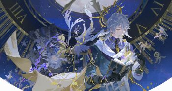 2boys absurdres aged_down analog_clock animal bird black_footwear black_gloves black_shorts blue_jacket book cloak clock closed_mouth dual_persona earrings feathered_wings feathers gloves glowing_feather gold_earrings grey_hair guaishengyin hair_between_eyes halo halo_behind_head hands_up head_wings highres holding holding_animal holding_bird holding_book honkai:_star_rail honkai_(series) jacket jewelry kneeling long_sleeves looking_at_object male_focus medium_hair multicolored_jacket multiple_boys multiple_rings open_book purple_shirt puzzle_piece ring roman_numeral shirt shoes shorts socks spiked_halo sunday_(honkai:_star_rail) sunday_(sacerdos&#039;_relived_ordeal)_(honkai:_star_rail) thorns three-quarter_sleeves two-sided_cloak two-sided_fabric two-tone_jacket vest white_cloak white_jacket white_socks white_vest white_wings wide_shot wings yellow_cloak yellow_eyes